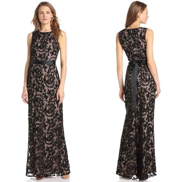 Adrianna Papell Blk Lace Nude Lining Sleeveless Column Evening Gown Fits Like 4 - Picture 1 of 15